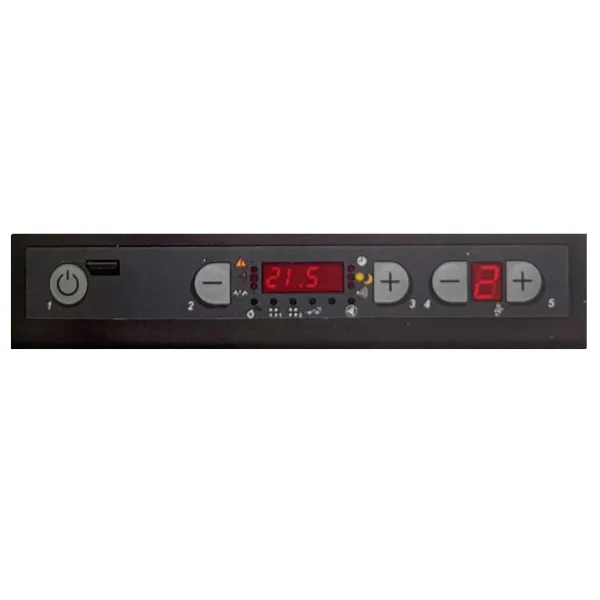 Panneau de commande digital du poêle KETTY EVO avec écran LED et boutons de réglage de température
