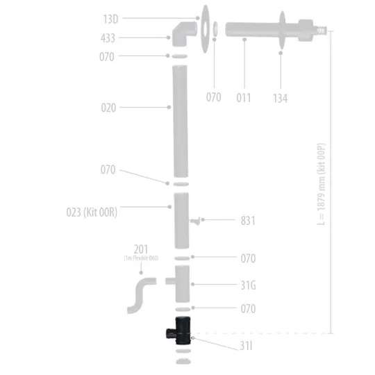 Schéma technique éclaté du té de fumées Ø80/125 avec dimensions et références des composants