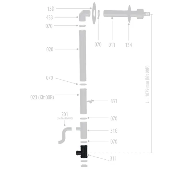 Schéma technique éclaté du té de fumées Ø80/125 avec dimensions et références des composants