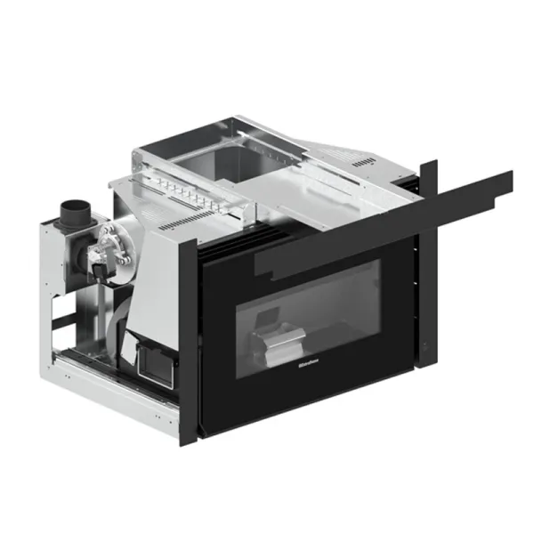 Tiroir frontal noir avec vitre pour insert à bois Comfort P70, vue en perspective avec structure métallique