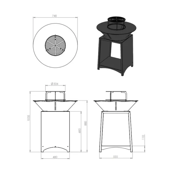 Plans techniques et schéma de montage du brasero plancha Brasinox Fiesta avec cotes et dimensions
