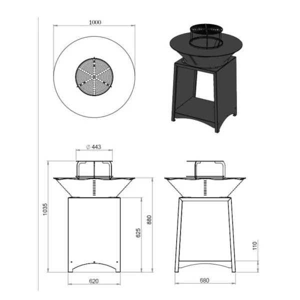 Schéma technique et dimensions du brasero plancha Brasinox Fiesta 100 cm avec vue en coupe et perspective