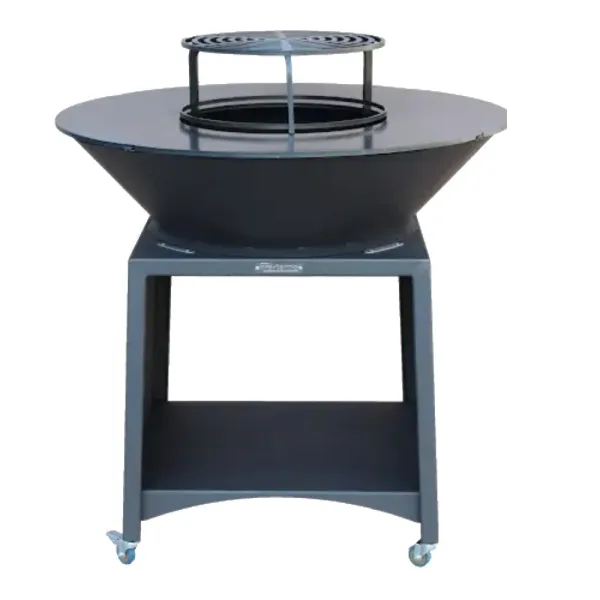 Brasero plancha Brasinox Fiesta 100 cm en inox gris anthracite sur piètement à roulettes avec grille de cuisson