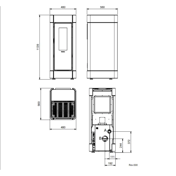 Plan technique et dimensions du poêle à granulés Sinfony 11 kW avec vues face, profil et dessus