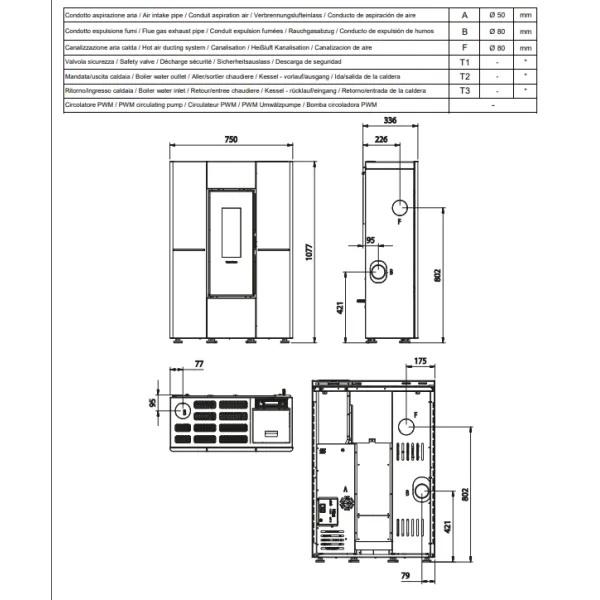 Plan technique du poêle à granulés slim Marilena Plus AD 8kW avec dimensions et raccordements