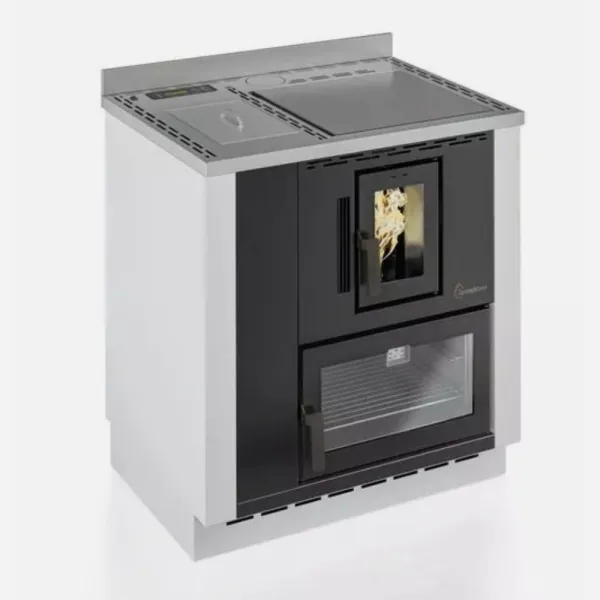 Cuisinière à granulés DESYRÉ 9.0 encastrable avec four vitre, façade noire et plan de cuisson inox