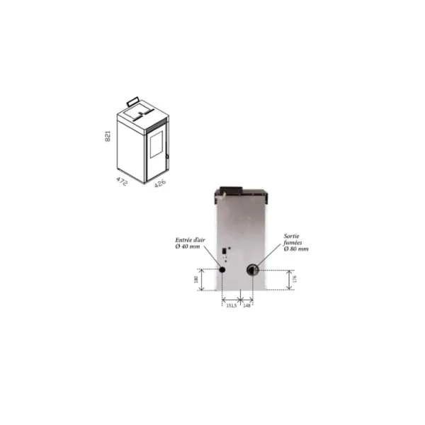 Schéma technique et dimensions du poêle à granulés étanche Marina 6 de 7 kW avec raccordements