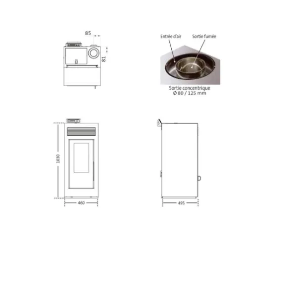 Plans techniques et dimensions du poêle à granulés étanche Marina 11C avec sortie concentrique dessus