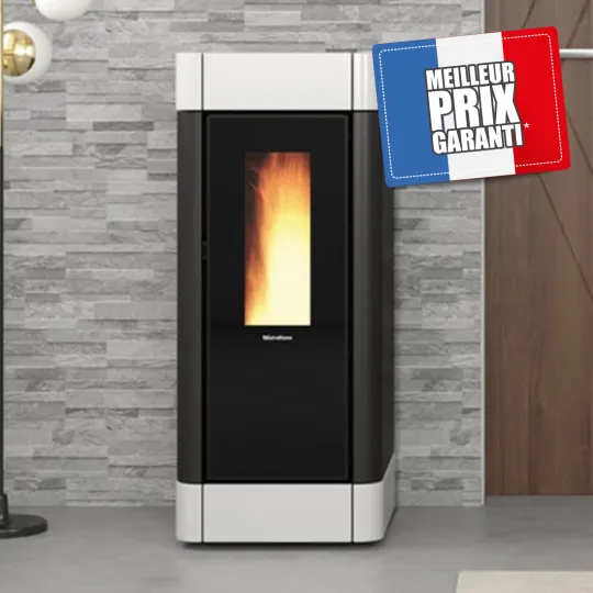 Poêle à granulés Sinfony 11 kW design moderne noir et blanc avec flamme allumée