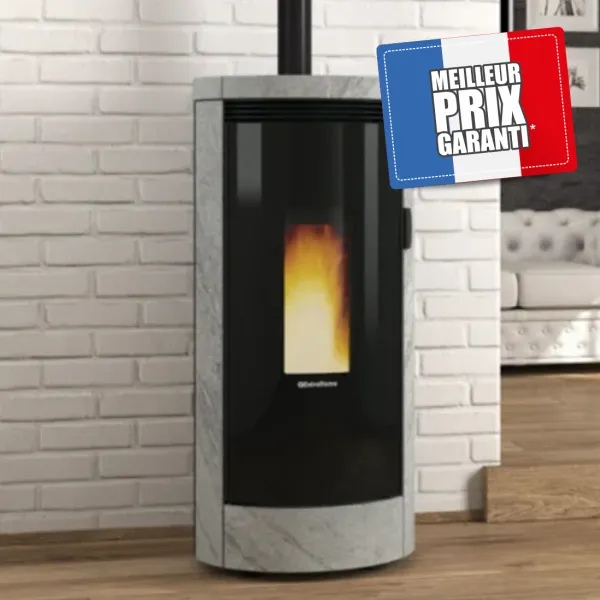 Poêle à granulés Debby Plus Cx Evo 9kW noir et gris en situation dans un salon moderne