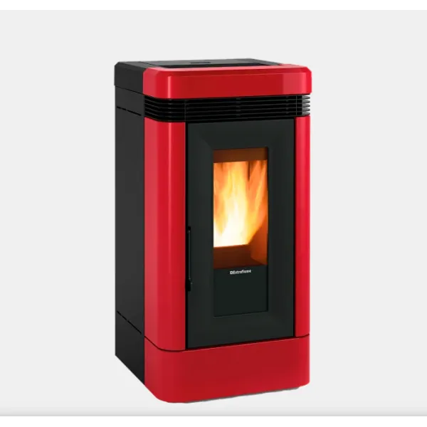 Poêle à granulés canalisable Lucia Plus 12kW rouge et noir avec flamme visible