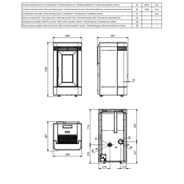 Plan technique et dimensions du poêle à granulés canalisable Lucia Plus 12kW avec vues face, profil et dessus