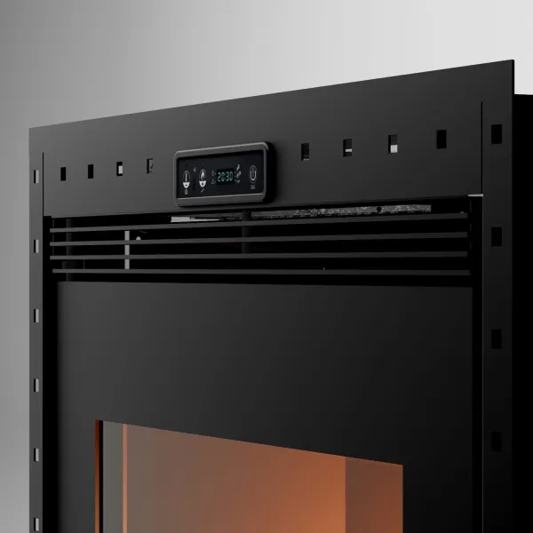 Insert à granulés encastrable Firebox Linea design noir avec panneau de commande numérique et vitre panoramique