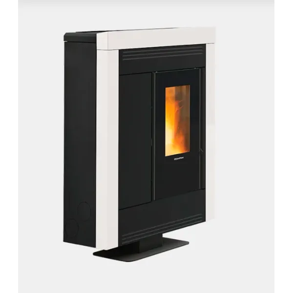 Poêle à granulés Souvenir Plus Steel design noir et blanc 10 kW avec vitre panoramique et flammes visibles