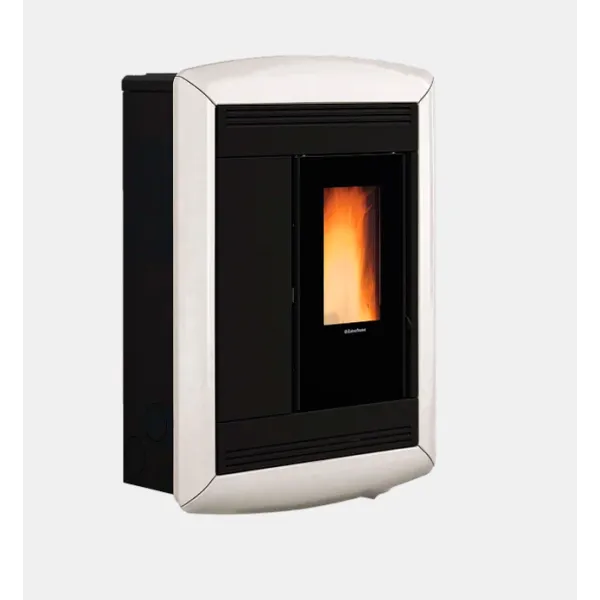 Poêle à granulés Souvenir Plus Lux noir et blanc 10 kW avec vitre panoramique allumé
