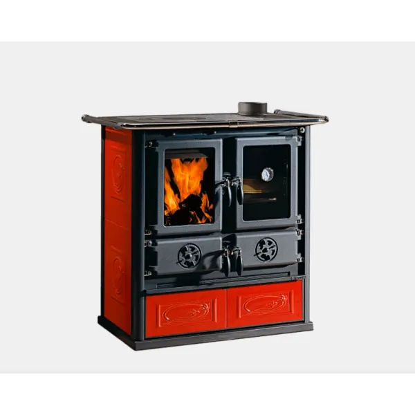 Cuisinière à bois Rosetta rouge et noire avec four, foyer vitré et conduit d'évacuation 7,9 kW