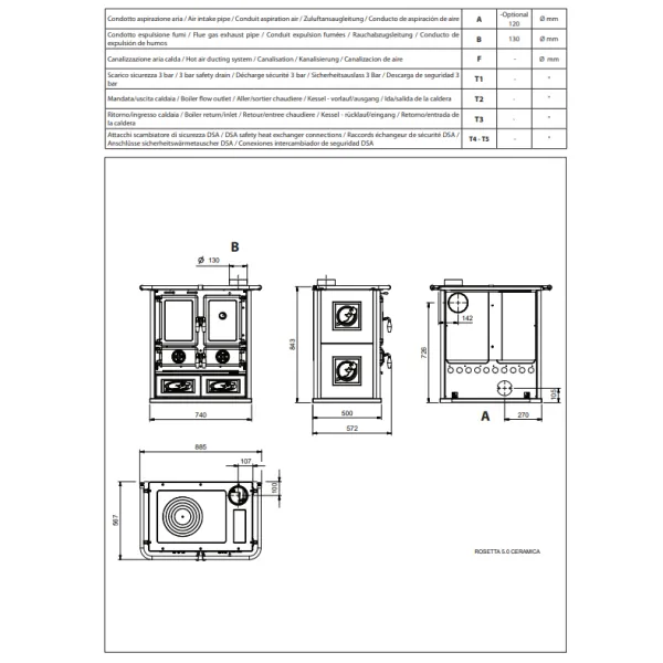 Plans techniques et dimensions de la cuisinière à bois Rosetta 5.0 avec vues face, côté et dessus