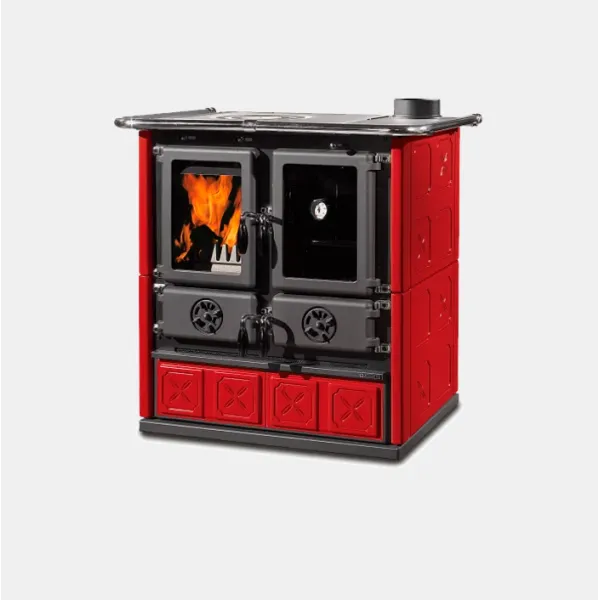 Cuisinière à bois Rosetta Maiolica rouge et noire 7,9 kW avec four et plaques de cuisson