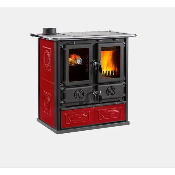 Cuisinière à bois Rosetta Sinistra rouge et noire avec foyer vitré, four et plaque de cuisson 7,9 kW