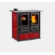 Cuisinière à bois Rosetta Sinistra rouge et noire avec foyer vitré, four et plaque de cuisson 7,9 kW