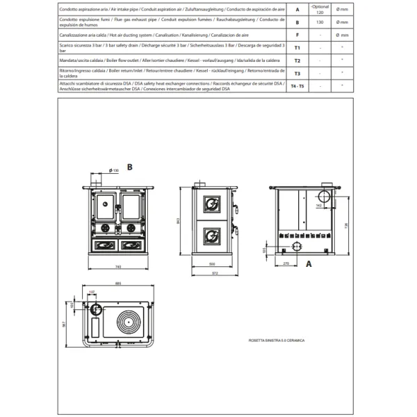 Plan technique de la cuisinière à bois Rosetta Sinistra avec dimensions et vues de face, côté et dessus