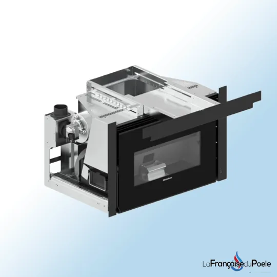 Tiroir frontal noir avec vitre pour insert à bois Comfort P70, vue éclatée avec système de ventilation