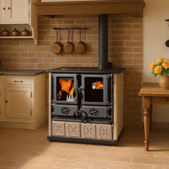 Cuisinière à bois Rosetta Maiolica avec habillage en faïence beige et fonte noire installée dans cuisine rustique