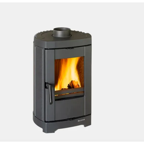 Poêle à bois La Nordica Brigitta GB anthracite 4.7 kW avec vitre panoramique et bûches enflammées