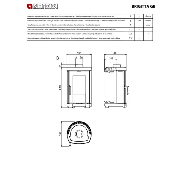 Plan technique et dimensions du poêle à bois Brigitta GB La Nordica avec vues face, profil et dessus