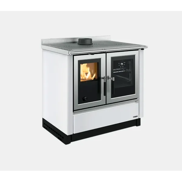 Cuisinière à bois Venezia blanche avec foyer vitré, four et plaques de cuisson en acier, puissance 8.3Kw