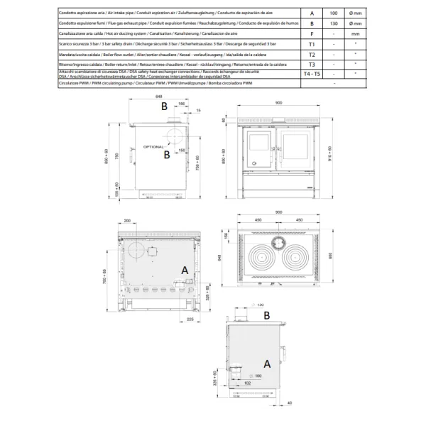 Plans techniques et dimensions de la cuisinière à bois encastrable Venezia avec vues de face, dessus et côtés
