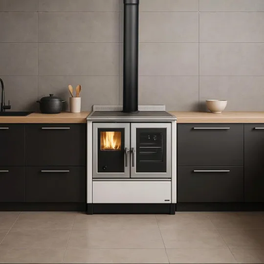 Cuisinière bois Venezia encastrée dans cuisine moderne avec four et foyer vitré, finition blanche et noire
