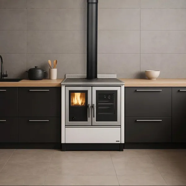 Cuisinière bois Venezia encastrée dans cuisine moderne avec four et foyer vitré, finition blanche et noire