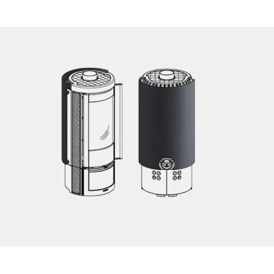 Bouclier thermique noir monté à l'arrière d'un poêle à bois cylindrique modèle Marlena
