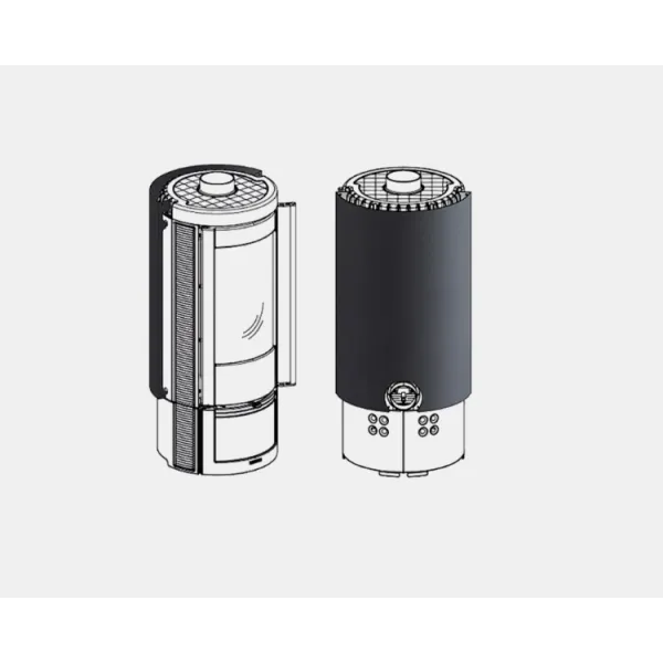 Bouclier thermique noir monté à l'arrière d'un poêle à bois cylindrique modèle Marlena