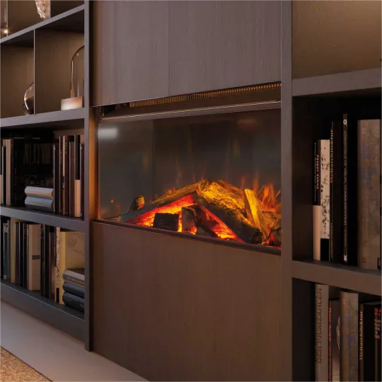 Cheminée électrique Lumen 870 encastrée dans meuble avec effet flammes réalistes et bûches lumineuses
