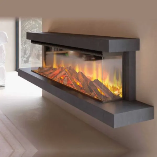 Cheminée électrique murale Lumen 870 avec cadre gris anthracite et effet flammes à bûches décoratives
