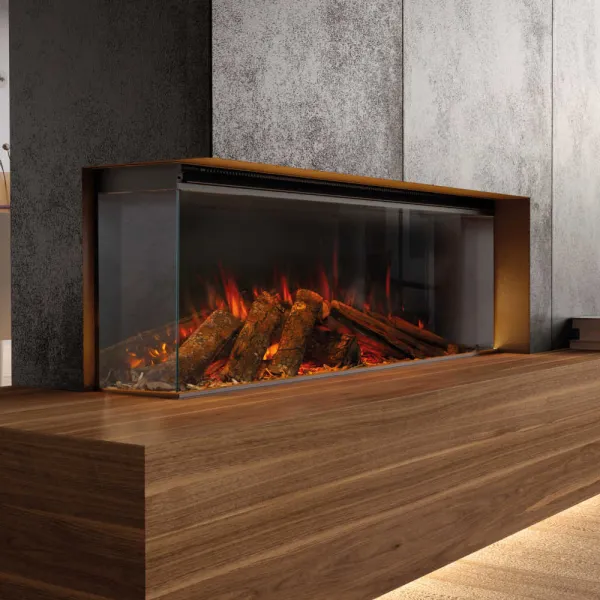 Cheminée électrique encastrable Lumen 1200 avec flammes LED et bûches décoratives dans salon moderne