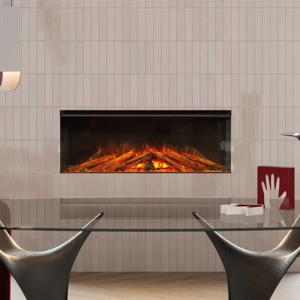 Cheminée électrique encastrable Lumen 1200 avec flammes LED orangées intégrée dans un mur beige moderne