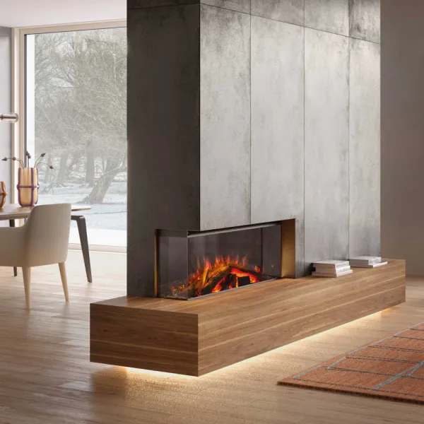 Cheminée électrique Lumen 1200 encastrée dans socle bois avec flammes LED orangées dans salon moderne