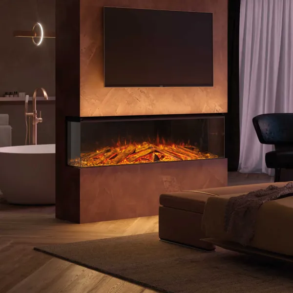Cheminée électrique Lumen 1600 encastrée avec flammes LED et bûches décoratives dans salon moderne