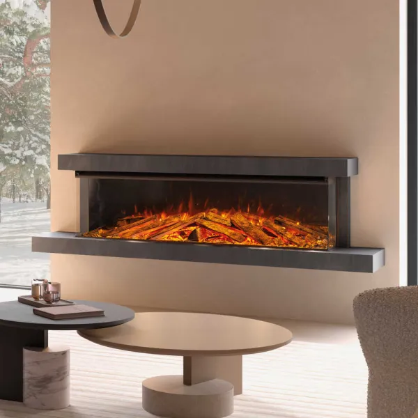 Cheminée électrique murale Lumen avec cadre anthracite et effet flammes LED dans salon moderne
