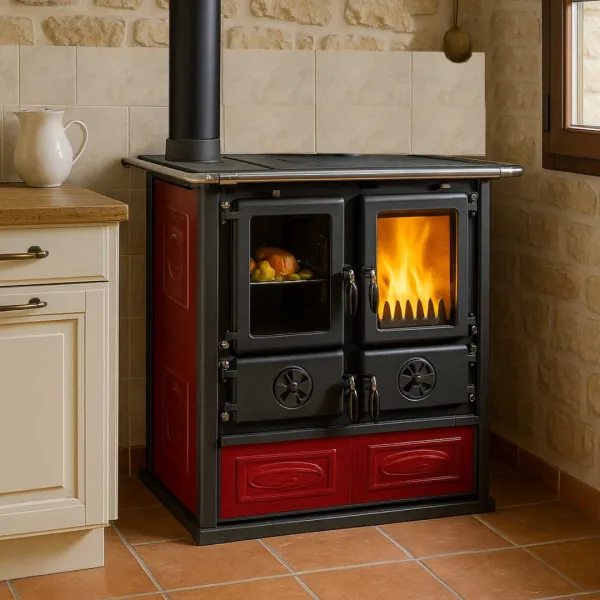 Cuisinière bois Rosetta Sinistra rouge et noire avec four, foyer allumé et plaque de cuisson en situation