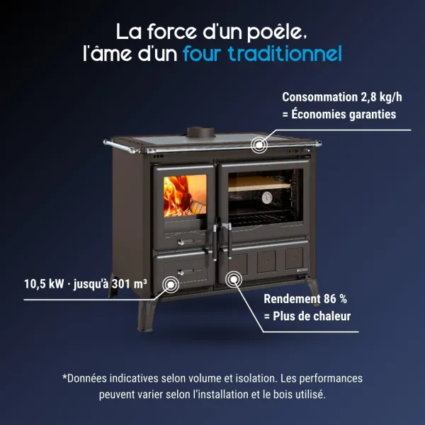 Cuisinière à bois Steel avec foyer et four, puissance 10,5 kW, rendement 86%, finition anthracite