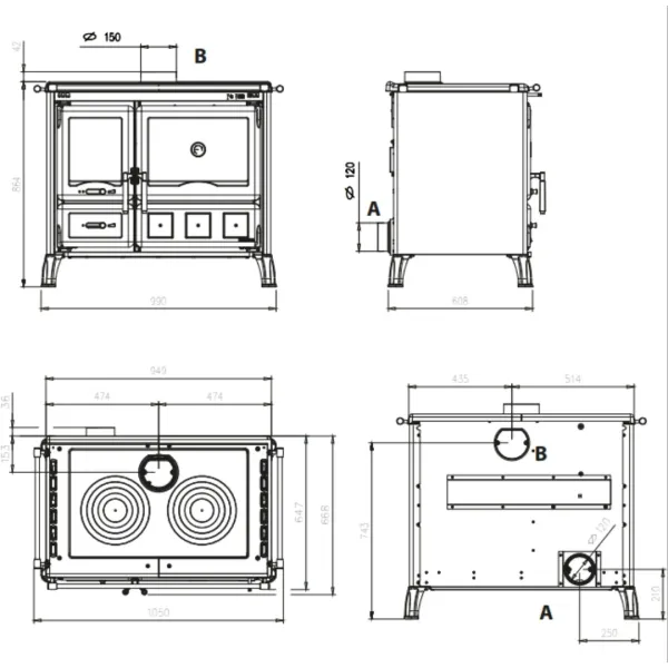 Plan technique avec dimensions de la cuisinière à bois Gardenia XXL Steel vue face, profil, dessus et dessous