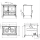 Plan technique avec dimensions de la cuisinière à bois Gardenia XXL Steel vue face, profil, dessus et dessous