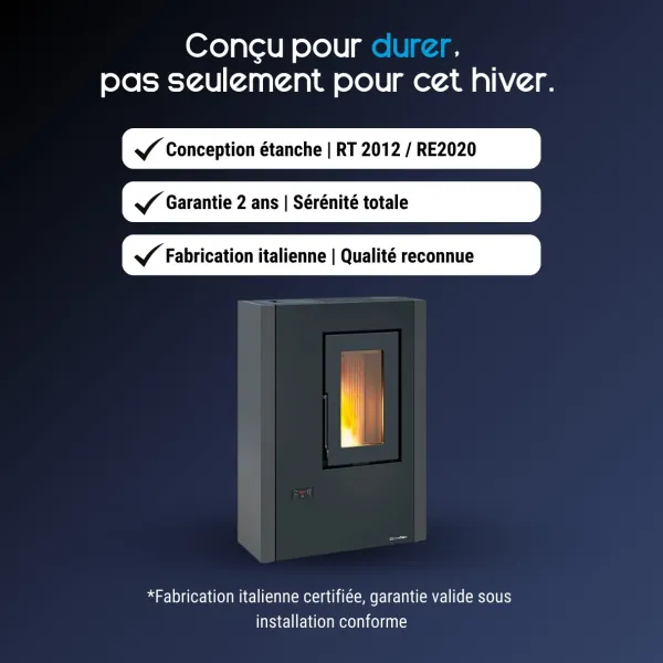 Poêle à granulés Extraflame Luisella 5.0 Maxi anthracite 7 kW design compact certifié RT 2012