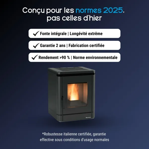 Poêle à granulés PEGGY noir 5,1 kW conforme normes 2025 avec fonte intégrale et rendement supérieur à 90%