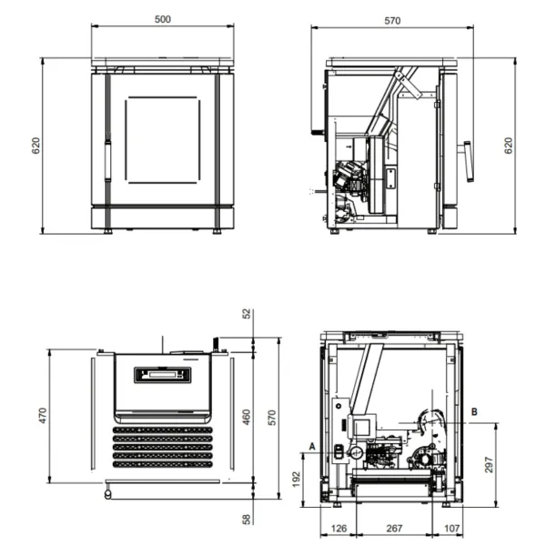 Plan technique et dimensions du poêle à granulés PEGGY 5,1Kw avec vues face, profil et coupe