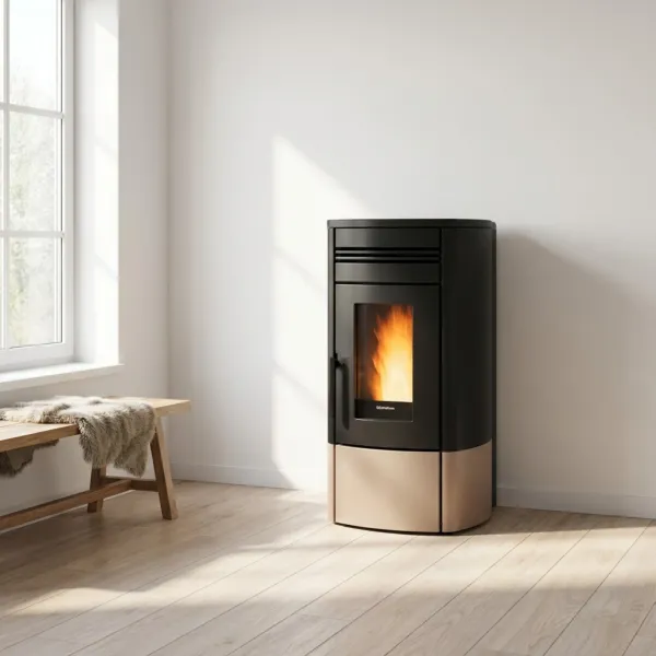 Poêle à granulés Noris 12 kW noir et beige allumé dans un salon moderne avec parquet clair